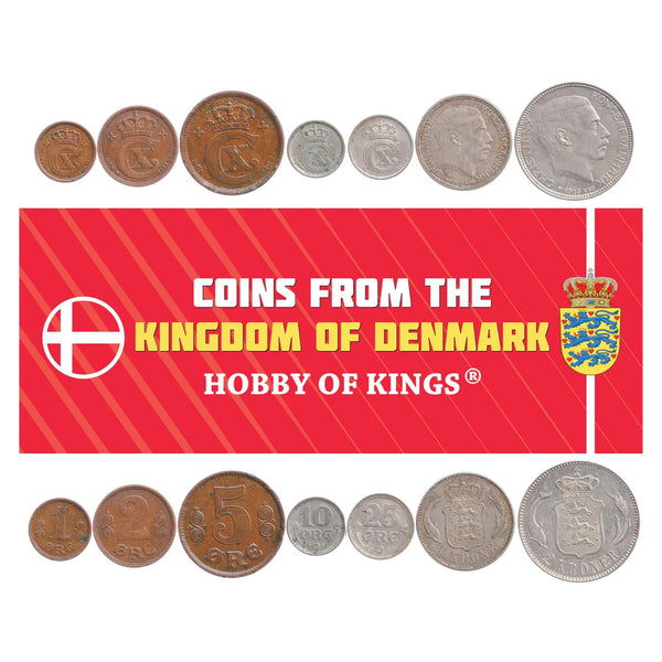 Danish 7 Coin Set 1 2 5 10 25 Øre 1 2 Kroner | Porpoises | Christian X | 1913 - 1923