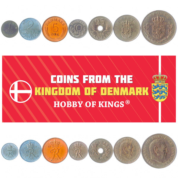 Danish 7 Coin Set 1 2 5 10 25 Øre 1 5 Kroner | Oak Branch | Frederik IX | 1960 - 1972