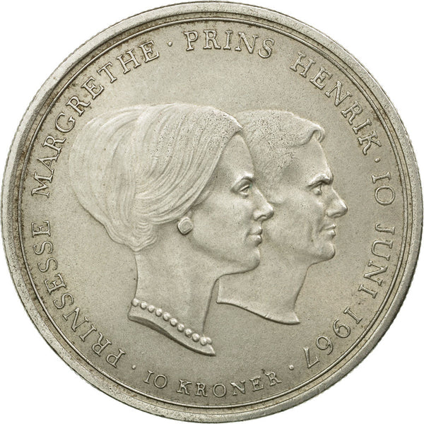 Danish Coin 10 Kroner | Frederik IX Wedding | Princess Queen Margrethe | KM856 | Denmark | 1967
