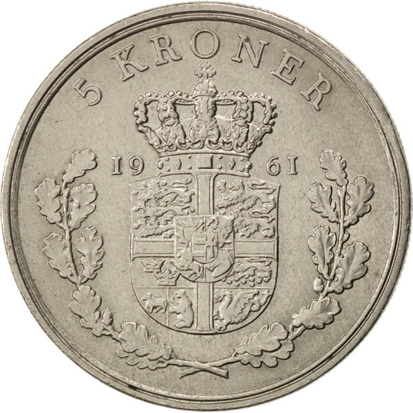 Danish Coin 5 Kroner | Frederik IX | Oak Branch | KM853 | Denmark | 1960 - 1972
