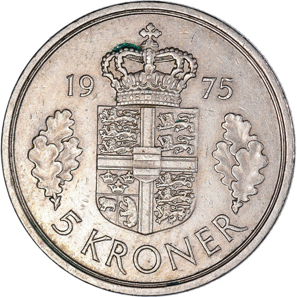 Danish Coin 5 Kroner | Queen Margrethe II | Oak Leaves | KM863 | Denmark | 1973 - 1988