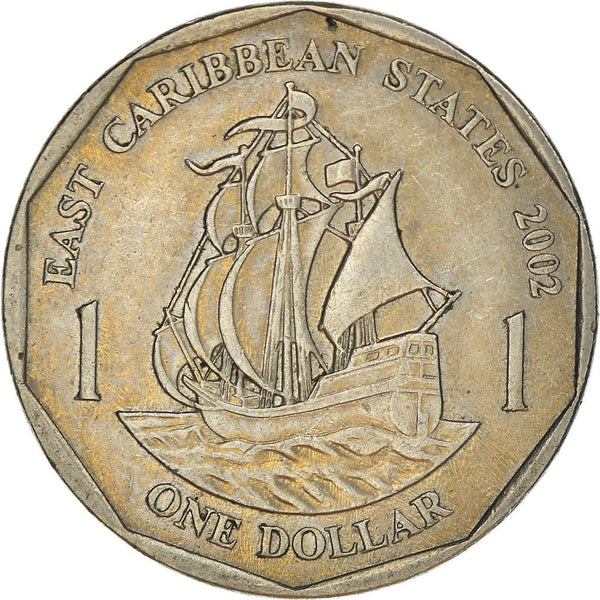 Eastern Caribbean States 1 Dollar Coin | Queen Elizabeth II | Golden Hind Ship | KM39 | 2002 - 2007