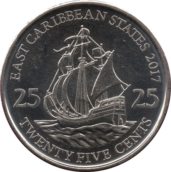 Eastern Caribbean States | 25 Cents Coin | Queen Elizabeth II | Golden Hind Ship | KM38a | 2010 - 2020