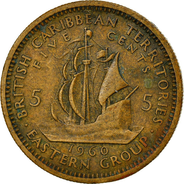 Eastern Caribbean States 5 Cents Coin | Queen Elizabeth II | Golden Hind Ship | KM4 | 1955 - 1965
