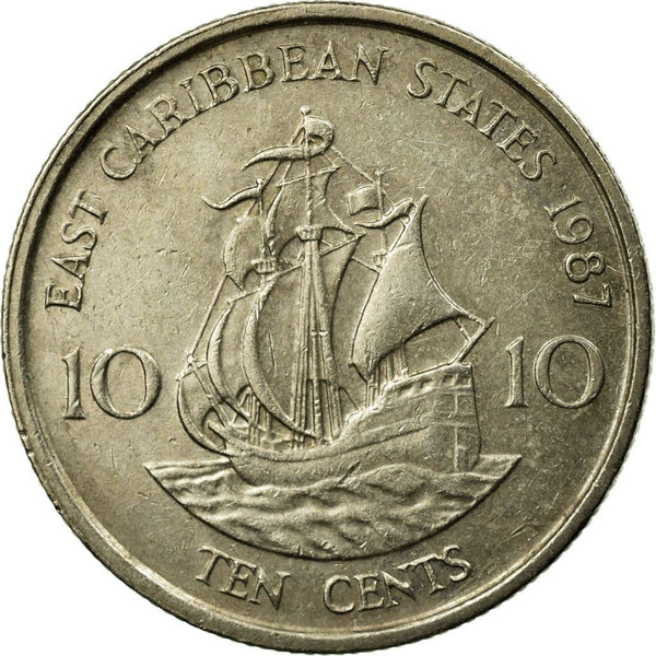 Eastern Caribbean States Coin 10 Cents | Queen Elizabeth II | Golden Hind Ship | KM13 | 1981 - 2000