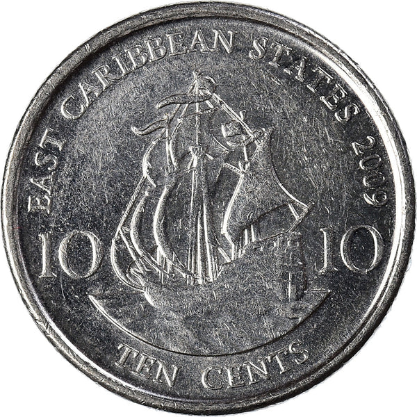 Eastern Caribbean States Coin 10 Cents | Queen Elizabeth II | Golden Hind Ship | KM37a | 2009 - 2019