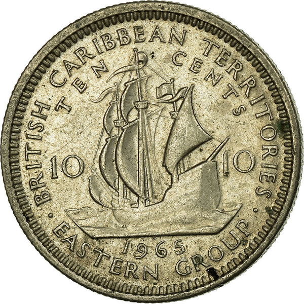 Eastern Caribbean States Coin 10 Cents | Queen Elizabeth II | Golden Hind Ship | KM5 | 1955 - 1965