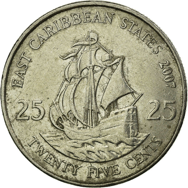 Eastern Caribbean States Coin 25 Cents | Queen Elizabeth II | Golden Hind Ship | KM38 | 2002 - 2007
