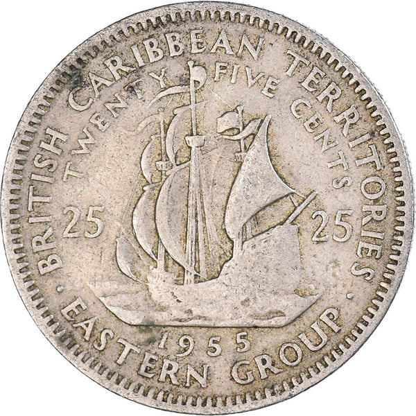 Eastern Caribbean States Coin 25 Cents | Queen Elizabeth II | Golden Hind Ship | KM6 | 1955 - 1965