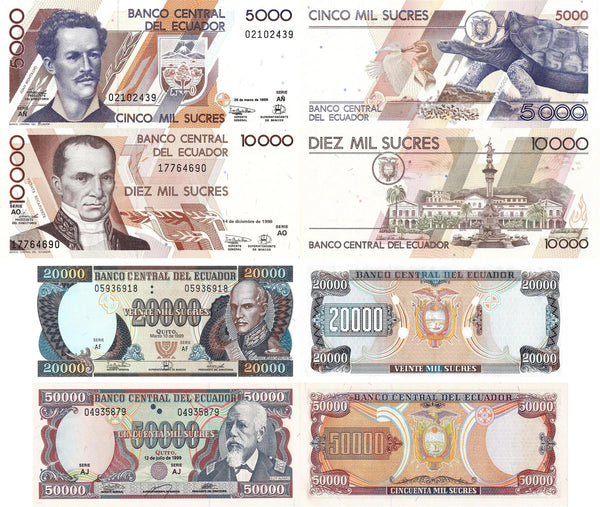 Ecuador | 4 Banknote Set | 5000 10 000 20 000 50 000 Sucres | 1988 - 1995