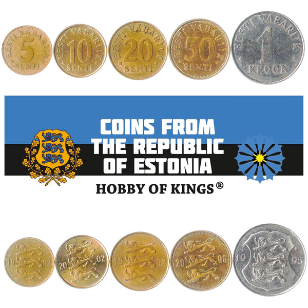 Estonian 5 Coin Set 5 10 20 50 Senti 1 Kroon | Lions | Estonia | 1991 - 1996