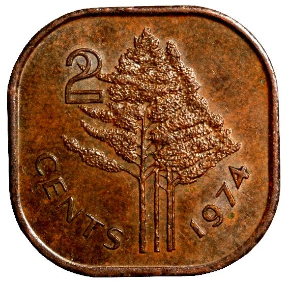 Eswatini 2 Cents Coin | King Sobhuza II | Leadwood Tree | KM8 | 1974 - 1982