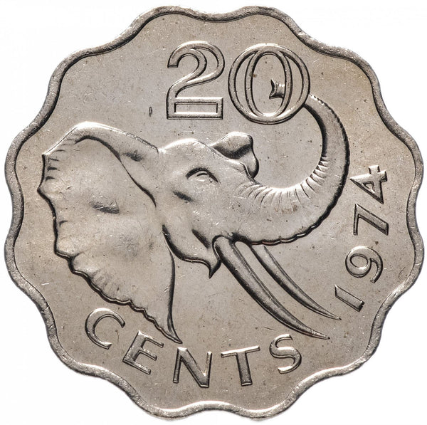 Eswatini | 20 Cents Coin | King Sobhuza II | Elephant | KM11 | 1974 - 1979