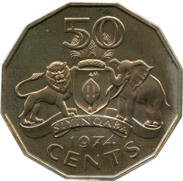 Eswatini 50 Cents Coin | King Sobhuza II | Lion | Elephant | KM12 | 1974 - 1981