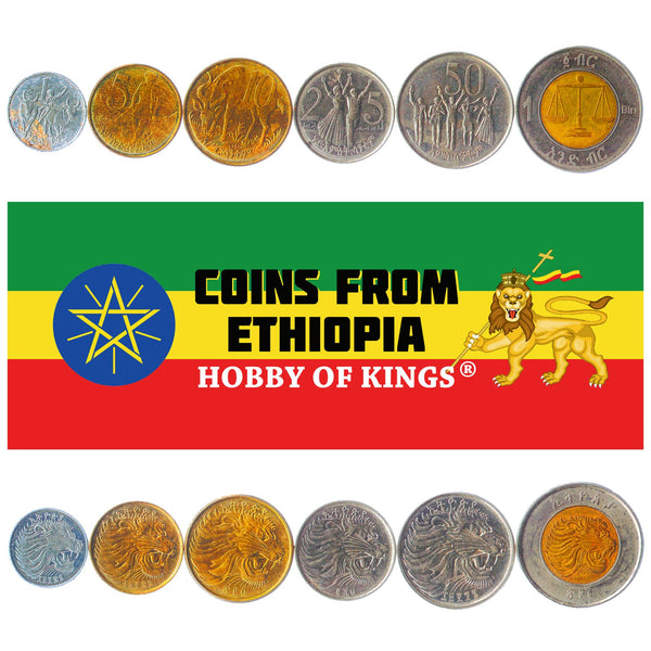 Ethiopian 6 Coin Set 1 5 10 25 50 Santeem 1 Birr | Lion | Scale | Ox | Nyala | 1977 - 2020