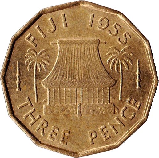 Fiji | 3 Pence Coin | Queen Elizabeth II | Palm Trees | Spears | KM22 | 1955 - 1967