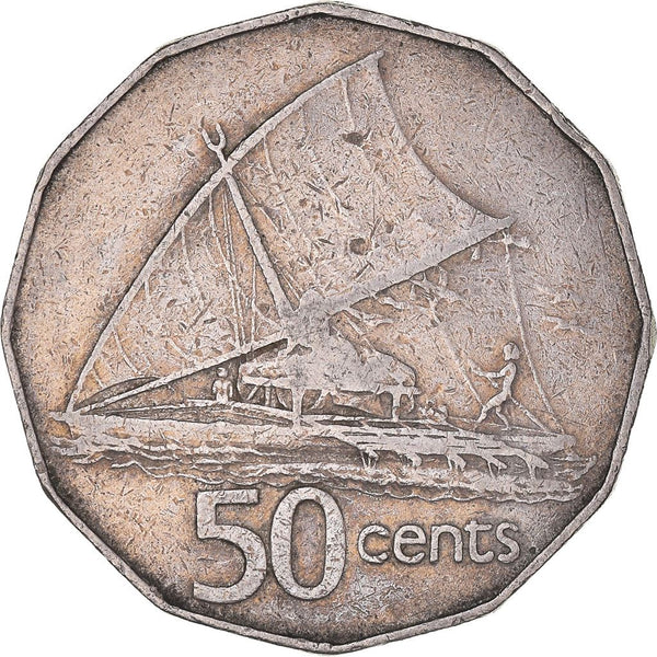 Fiji | 50 Cents Coin | Elizabeth II | Canoe Takia | KM54 | 1986 - 1987