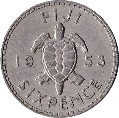 Fiji | 6 Pence Coin | Queen Elizabeth II | Sea Turtle | KM19 | 1953 - 1967
