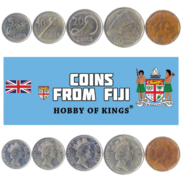 Fijian 5 Coin Set 5 10 20 50 Cents 1 Dollar | Elizabeth II | Canoe | Fijian drum | Throwing club | Sperm whale tooth | Saqa Moli | 2009 - 2010