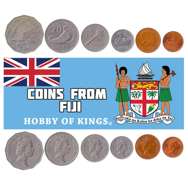 Fijian 6 Coin Set 1 2 5 10 20 50 Cents | Elizabeth II | Canoe | Drum | Kava bowl | Sperm whale tooth | 1986 - 1987