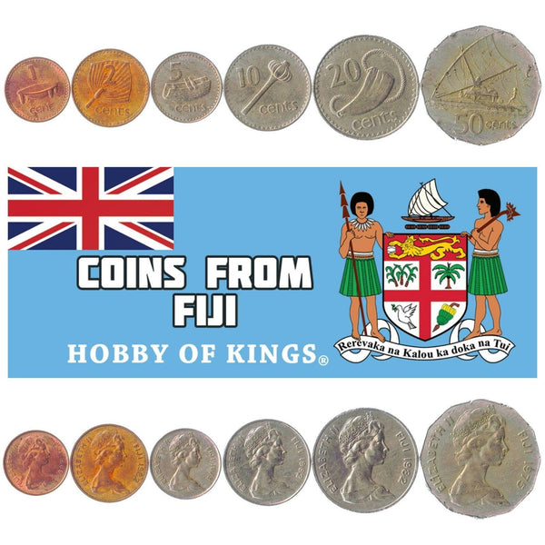 Fijian 6 Coin Set 1 2 5 10 20 50 Cents | Rice plant | Queen Elizabeth II | Polynesian boat | Fijian drum | Throwing club | Sperm whale tooth | 1969 - 1985