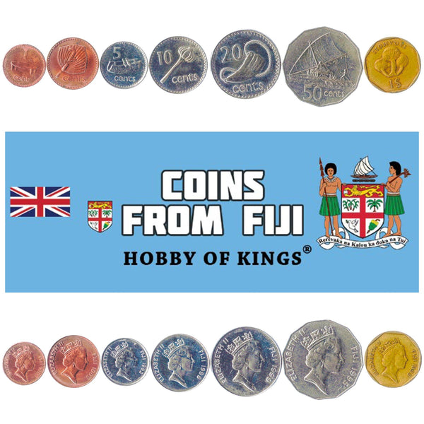 Fijian 7 Coin Set 1 2 5 10 20 50 Cents 1 Dollar | Elizabeth II | Canoe | Fijian drum | Throwing club | Kava bowl | Polished sperm whale tooth | Saqa moli | 1990 - 2006