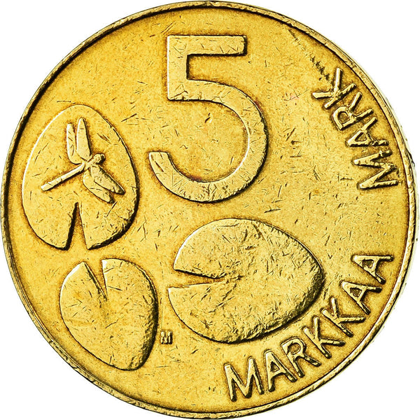Finland Coin Finnish 5 Markkaa | Dragonfly | Lily Pad | Lake Saimaa Ringed Seal | KM73 | 1992 - 2001