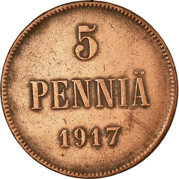 Finland | Finnish 5 Pennia Coin | Nikolai II | Civil War Coinage | Imperial Eagle | KM17 | 1917
