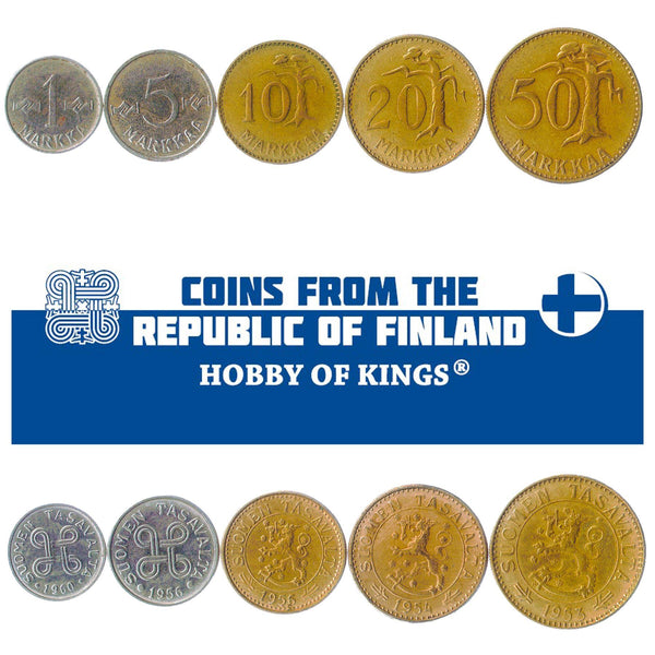 Finnish 5 Coin Set 1 5 10 20 50 Markkaa | Tree | Saint Hannes Cross | Finland | 1952 - 1962