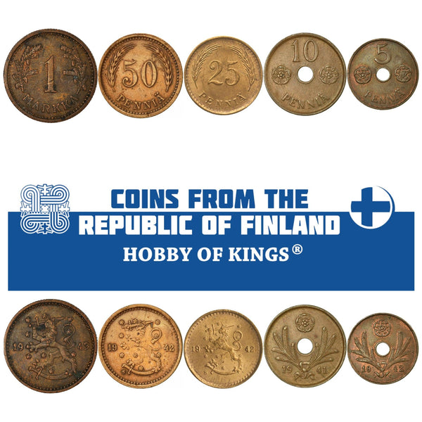 Finnish 5 Coin Set 5 10 25 50 Penniä 1 Markka | Rose | Finland | 1940 - 1943