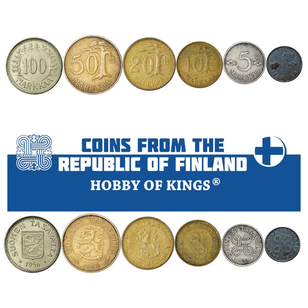Finnish 6 Coin Set 1 5 10 20 50 100 Markkaa | Tree | Saint Hannes Cross | Finland | 1952 - 1962