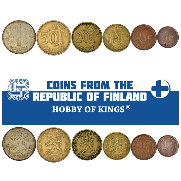 Finnish 6 Coin Set 1 5 10 20 50 Penniä 1 Markka | Tree | Saint Hannes Cross | Finland | 1963 - 1969
