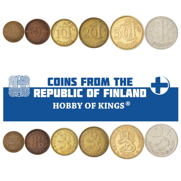 Finnish 6 Coin Set 1 5 10 20 50 Penniä 1 Markka | Tree | Saint Hannes Cross | Finland | 1969 - 1978