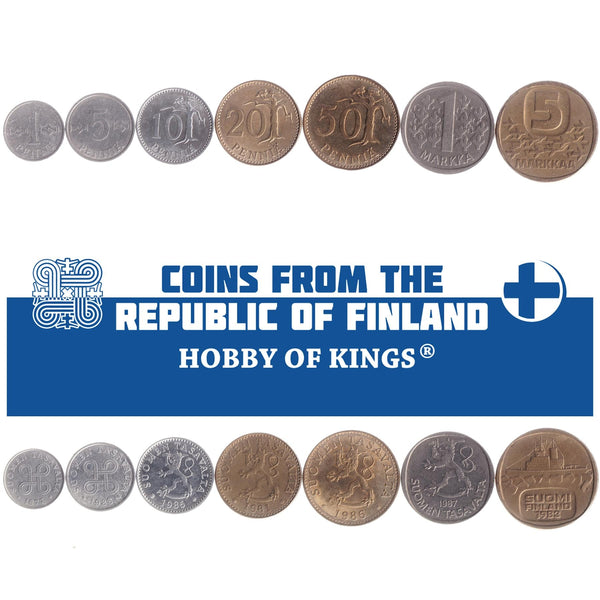 Finnish 7 Coin Set 1 5 10 20 50 Penniä 1 5 Markkaa | Tree | Icebreaker | Saint Hannes Cross | Finland | 1977 - 1993