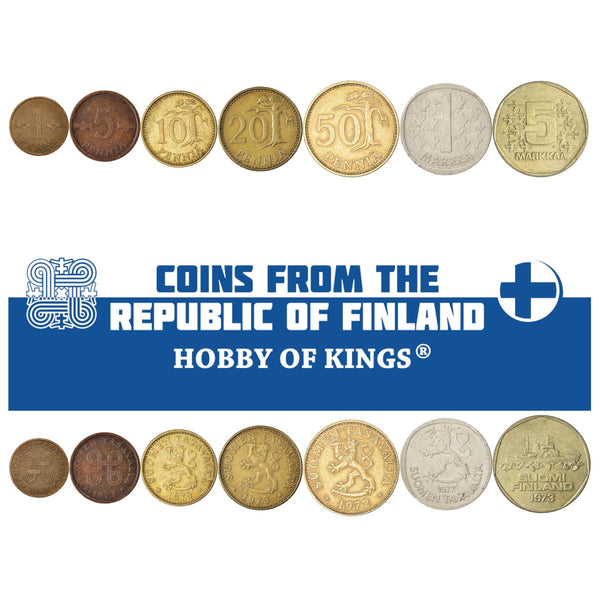 Finnish 7 Coin Set 1 5 10 20 50 Penniä 1 5 Markkaa | Tree | Icebreaker Varma | Saint Hannes Cross | Finland | 1969 - 1978