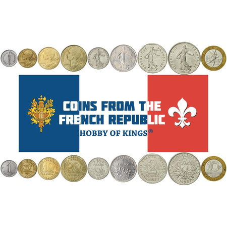 France | 9 Coin Set | 1 5 10 20 Centimes 1/2 1 2 5 10 Francs | Sculpture | Marianne | 1960 - 2001