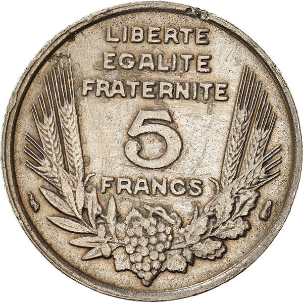 French 5 Francs Coin | Third Republic Bazor | KM887 | France | 1933