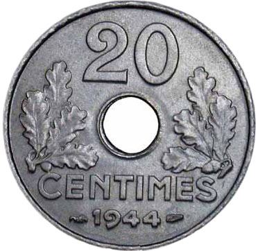 French Coin 20 Centimes | Vichy French State, Zinc, 20, light type | KM900.2 | France | 1943 - 1944