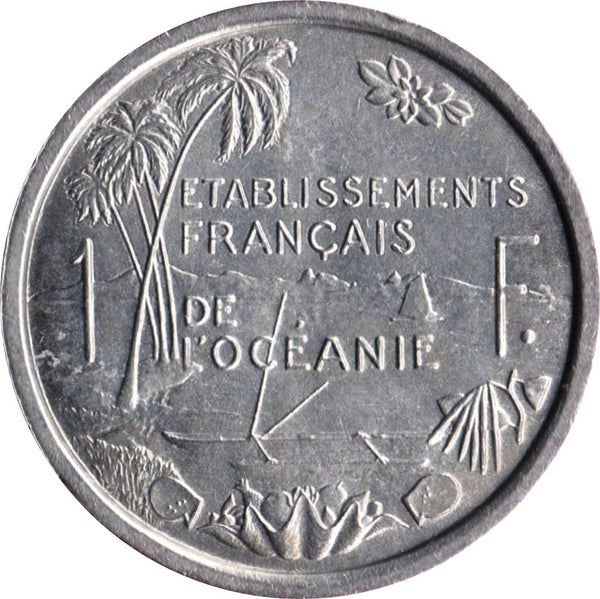 French Oceania Coin 1 Franc | Marianne | Winged Phrygian Cap | Palm Tree | Boat | KM2 | 1949