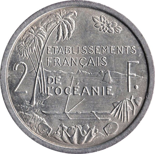 French Oceania Coin 2 Francs | Marianne | Winged Phrygian Cap | Palm Tree | Boat | KM3 | 1949