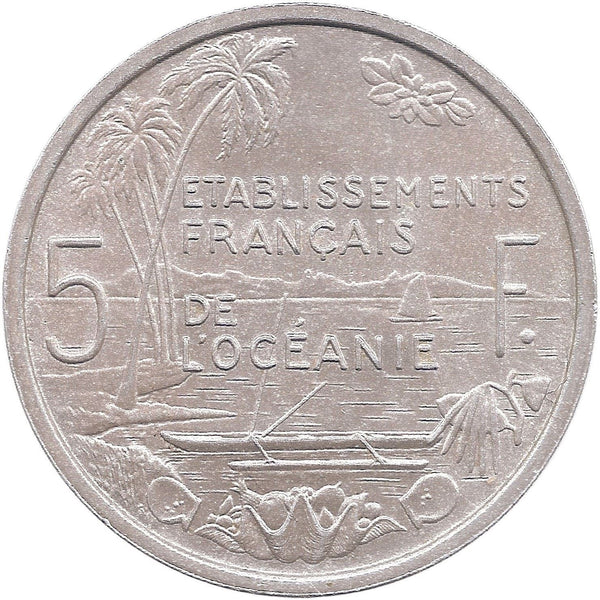 French Oceania Coin 5 Francs | Marianne | Winged Phrygian Cap | Palm Tree | Boat | KM4 | 1952