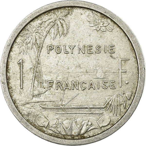 French Polynesia Coin French Polynesian 1 Franc | Liberty Sitting | Throne | Palm Tree | Sailboat | KM2 | 1965