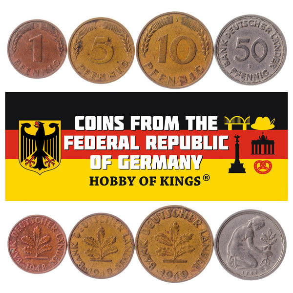 German 4 Coin Set 1 5 10 50 Pfennig | Oak | Germany | 1948 - 1950