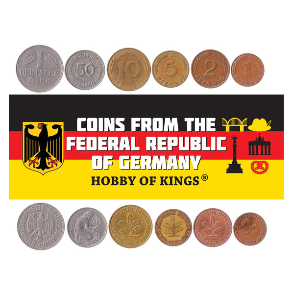 German 6 Coin Set 1 2 5 10 50 Pfennig 1 Deutsche Mark | Oak | Eagle | Germany | 1950 - 2001
