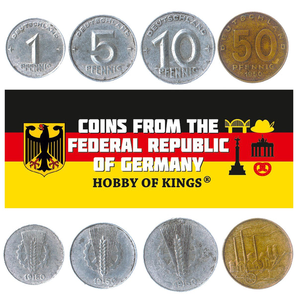 German Democratic Republic 4 Coin Set 1 5 10 50 Pfennig | Wheat Ear | Factory | Toothed Wheel | Plowcart | German Democratic Republic | 1948 - 1950
