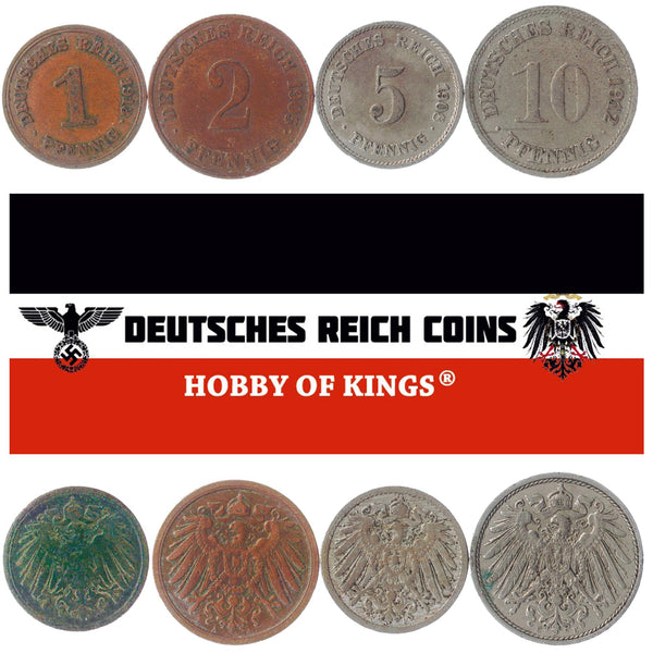 German Empire 4 Coin Set 1 2 5 10 Pfennig | Imperial Eagle | German Reich | 1904 - 1916