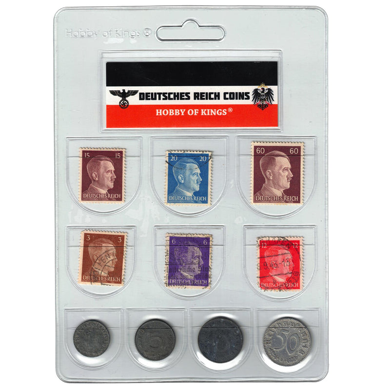 German Reich | 4 Coin Set 1 5 10 50 Reichspfennig | 6 Postage Stamps | Adolf Hitler | 1939 - 1945