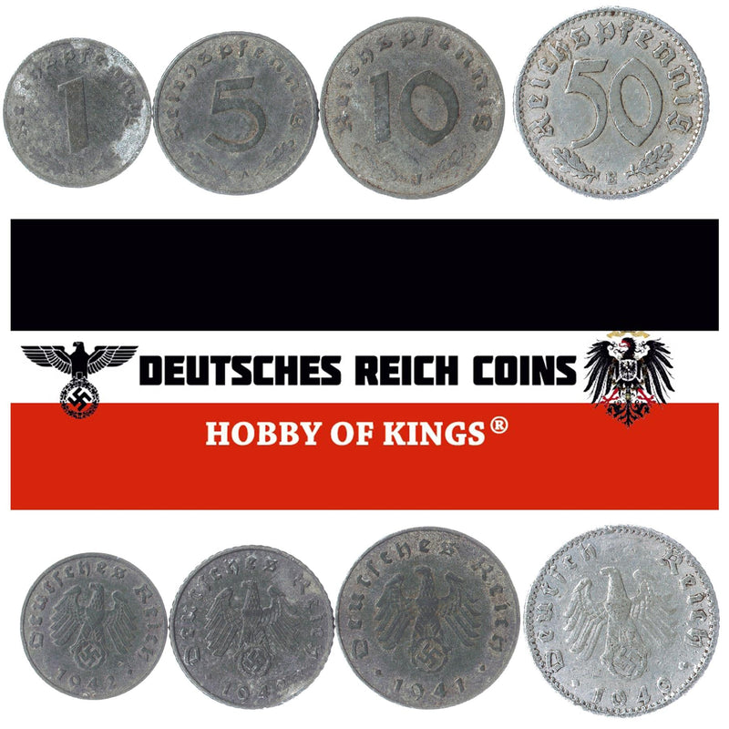 German Reich | 4 Coin Set 1 5 10 50 Reichspfennig | 6 Postage Stamps | Adolf Hitler | 1939 - 1945