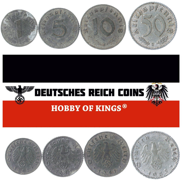 German Reich 4 Coin Set 1 5 10 50 Reichspfennig | Nazi Germany | Reichsadler Eagle | 1939 - 1945