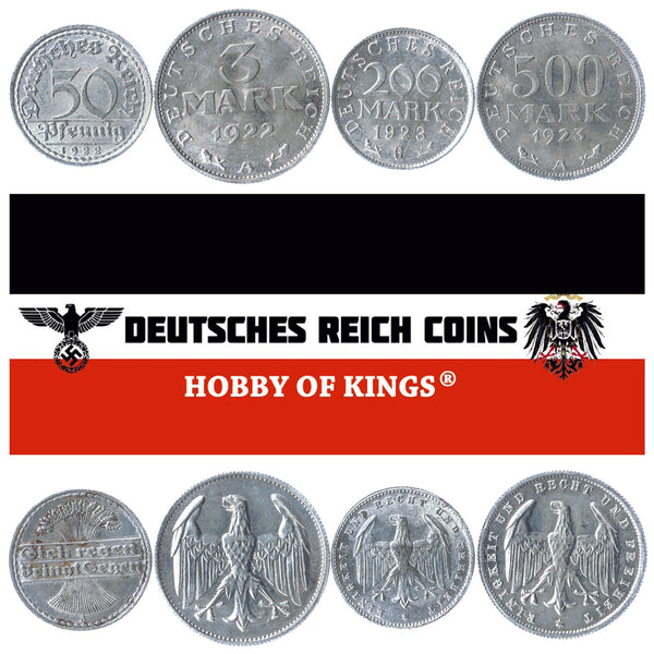 German Reich 4 Coin Set 50 Pfennig 3 200 500 Mark | Imperial Eagle | Weimar Republic | 1919 - 1923